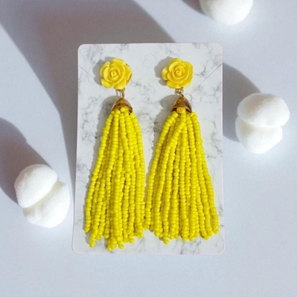 Yellow Rose Beaded Tassel Drop Earrings - Picture 4 of 14